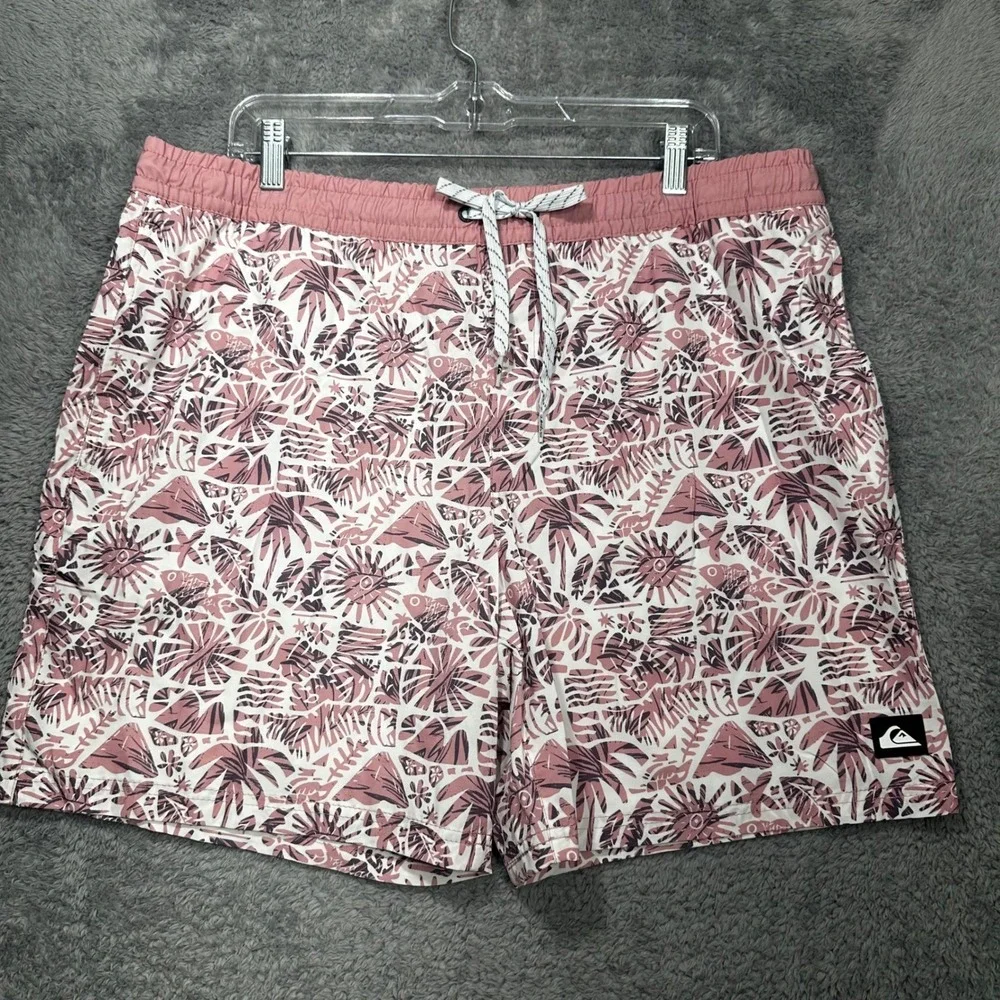 Quiksilver Swim Trunks Mens XL‎ Pink Tropical Palm Print Mesh Lined Board Shorts